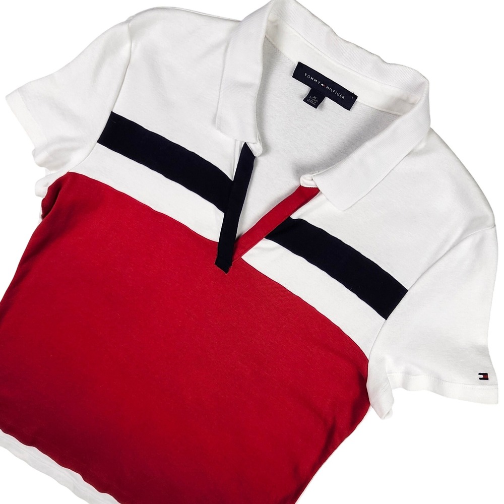 Tommy Hilfiger Polo T Shirt Women XL Red White Blue Colorblock Split Neck Sporty